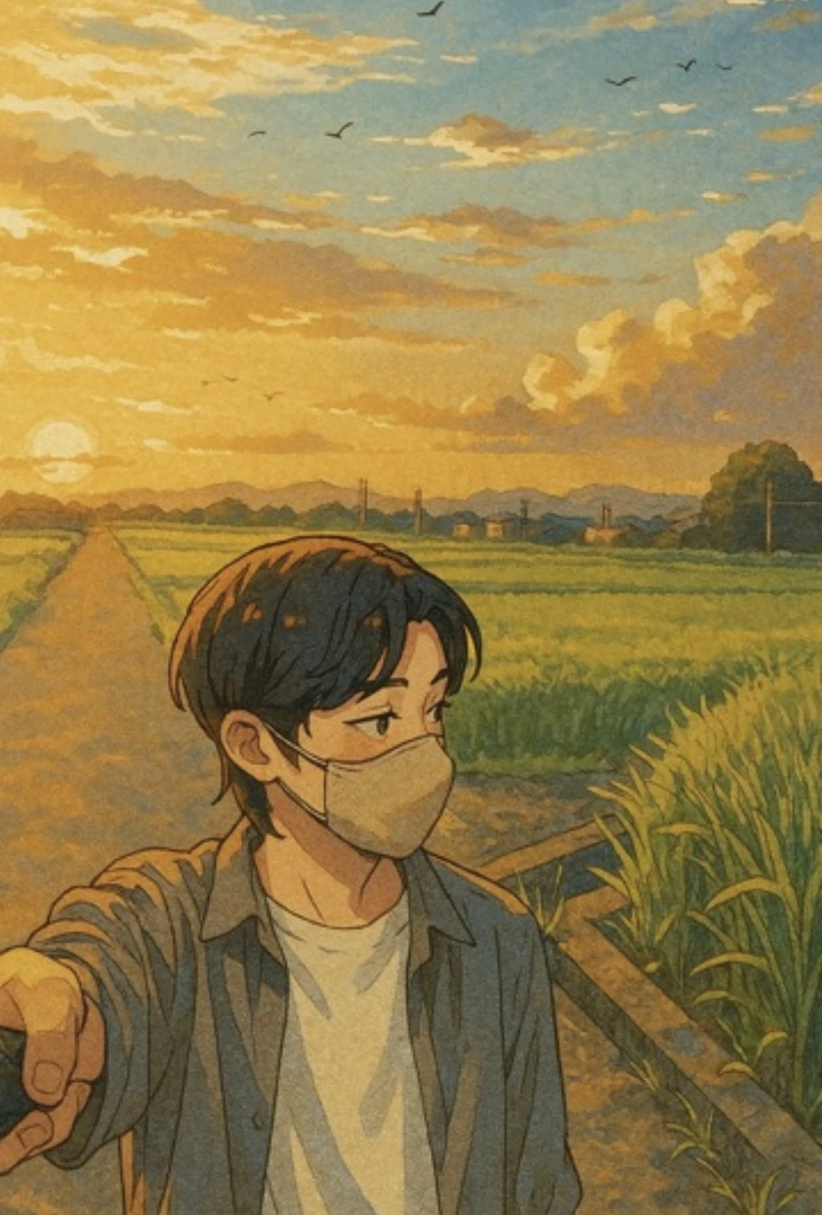 夕焼けの出雲の田園風景とマスクをしたお散歩お兄さんのイラスト